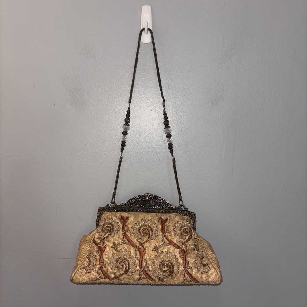 VTG Embroidery Beaded Handle Evening Bag Purse Ornate Metal Frame Edwardian